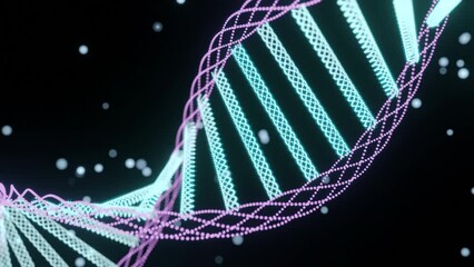 Poster - Animation of spinning dna structure, green and purple digital waves against black background.