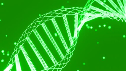 Poster - Animation of rotating DNA strands. Design. Green spinning abstract dna spiral rotating on a black background with tiny particles.