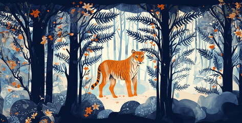 Wall Mural - same style illustration but with deer fox snow christmas, animal in the forest.hd background wallpaper