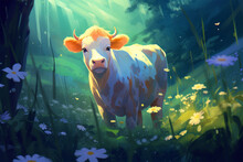 Painting Style Landscape Background, A Cow In The Forest