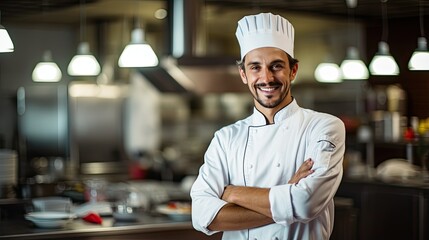 happy smiling professional chef in commercial kitchen