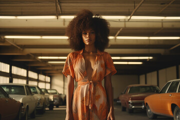 African-American woman in an orange dress posing in a parking garage. Generative AI