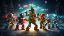 Holiday Party At Cartoon Robots, Christmas Holiday In The World Of Robots Illustration Fiction Postcard
