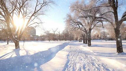 Wall Mural - winter alley of trees, snowfall in the morning misty park, winter landscape, seasonal abstract blurred background copy space