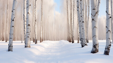 Wall Mural - winter landscape, abstract background snowfall in the forest, white birch trees surrounded by snow, blurred background with a copy space