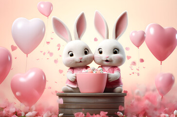 Wall Mural - Cute Valentine's Day Rabbet with pink balloon and popcorn Generative AI