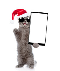 Poster - Laughing cat wearing sunglasses and santa hat holds smartphone with white blank screen in it paw. Isolated on white background