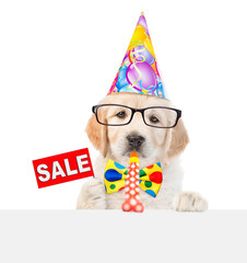 Poster - Smart Golden retriever puppy wearing eyeglasses and party cap looks above empty white banner blows in party horn and shows signboard with labeled 