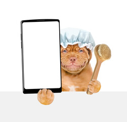 Aufkleber - Mastiff puppy wearing shower cap holds shower brush and big smartphone with white blank screen in it paw above empty white banner. isolated on white background