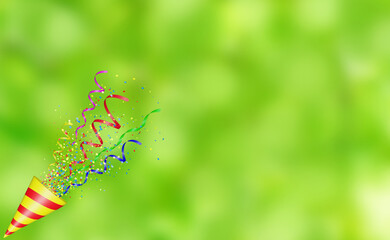 Aufkleber - Party popper with flying confetti. Yellow and red firecracker explodes with serpentine. Birthday and anniversary banner with green blured background