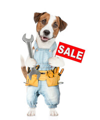 Poster - Funny puppy wearing denim overalls with tool belt holds wrench shows signboard with labeled 