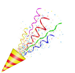 Aufkleber - Party popper with flying confetti. Yellow and red firecracker explodes with serpentine. Birthday and anniversary banner with empty space for text. Isolated on white background
