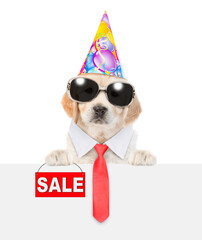Poster - Golden retriever puppy wearing sunglasses, necktie and party cap shows signboard with labeled 