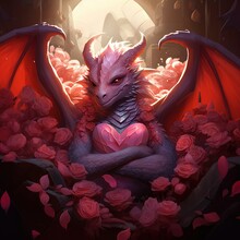 Cute Dragon In Love. Valentines Day Full Of Hearts