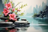 Fototapeta Sypialnia - water bamboo hibiscus stone black tower massage nature chinese flower spa zen background rock leaf green peace light flora colours plant relax fresh bright garden beauty