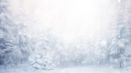 winter background, landscape in snowfall, trees in the forest nature view in cold weather, white abstract seasonal nature background january calendar