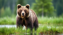 Wild Brown Bear On The Grass Field.