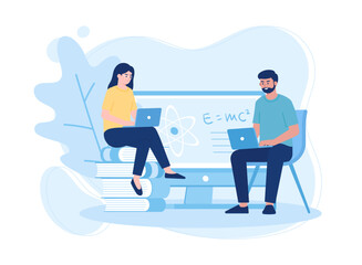 Wall Mural - people sitting with laptops discussing math lessons concept flat illustration