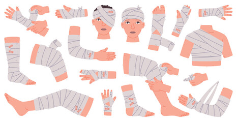 Wall Mural - Bandaged Body Part as First Aid when Injured Vector Set