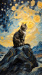 Cat Starring in Starry Night, Van Gogh style,a cat with cosmic colors of Vincent van Gogh's Starry Night