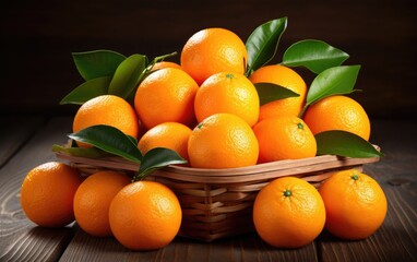 Bunch of fresh juicy orange inside a wooden basket