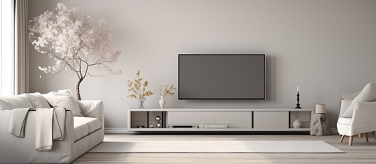 Poster - Grey and white, family room with television and table.