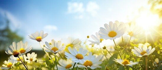 Sticker - The blooming flowers are beautiful in the green nature-filled sky with the shining sun.