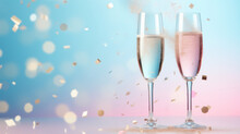 Two Glasses Of Champagne With Confetti On A Blue And Pink Background.