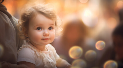 Wall Mural - Adorable baby girl with soap bubbles on bokeh background.