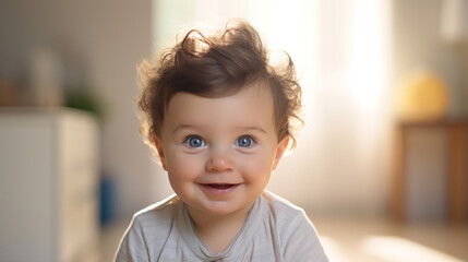 Wall Mural - Portrait of cute baby boy with big blue eyes smiling at camera.