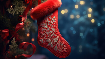 Wall Mural - Red Christmas stocking hanging on the Christmas tree. Christmas and New Year concept.