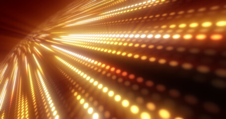 Poster - Abstract bright yellow orange background pattern of flying circles of dots and glowing futuristic digital energy magical bright particles