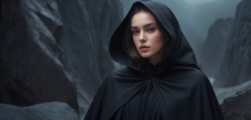  a woman in a black cloak standing in front of a rocky cliff face to face with a mountain in the background.