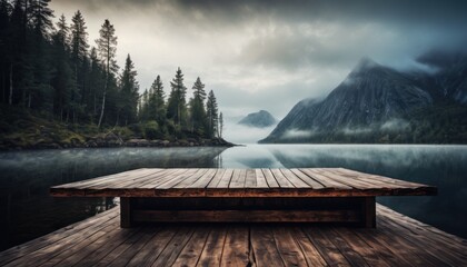 Poster -  a dock sitting on top of a wooden pier next to a body of water with a mountain range in the background.