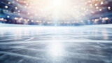 Festive background with lights reflecting on the surface of the ice on the skating rink. Empty ice skating arena, winter holidays. Bokeh lights. Copy space.