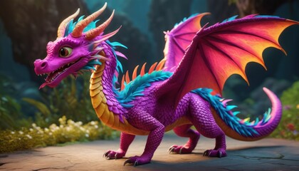 Wall Mural -  a purple dragon with orange wings standing on a stone path in front of flowers and greenery, with a blue sky in the background.