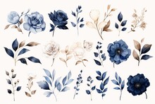 Background White Isolated Illustration Botanic Branches Gold Leaves Flowers Blue Navy Garden Collection Roses Elements Design Watercolor Set Rose Botanical Bouquet Tree Branch
