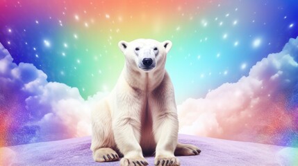 Canvas Print -  a polar bear sitting in front of a multicolored sky with stars and clouds and a rainbow in the background.