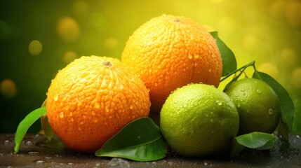  a close up of three oranges and two limes with leaves on a table with water droplets on them.