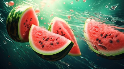 Wall Mural -  a group of slices of watermelon floating on top of a body of water with drops of water on them.