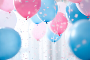 Pink, blue and white balloons, confetti and streamers as a decorations at a gender reveal or a baby shower party.