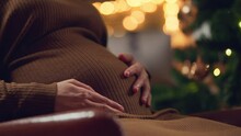 A Pregnant Woman Spending Her First Christmas With Her Bab, The Young Expecting Mother Holding Baby In Pregnant Belly