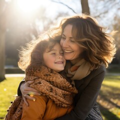 Full with excitement daughter hugging her mother neck in a park towards the sun at a sunny day