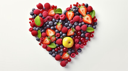 Heart shape made of different fruits and berries on white background