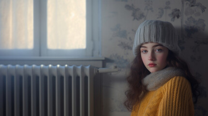 Wall Mural - Frozen sad girl wearing a hat, scarf and sweater in her home next to a cold radiator