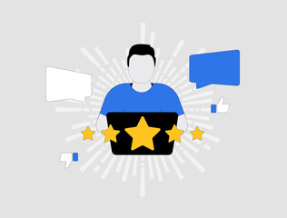 Fototapete - Boost business with positive customer reviews. Customer satisfaction with feedback and ratings. Vector illustration of positive customer experiences. Man using laptop phone for internet feedback