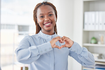 Wall Mural - Business, heart hands or portrait of black woman with love emoji for care, kindness or like review in office. Smile, happy or African worker with shape for thank you or sign of hope, support or peace