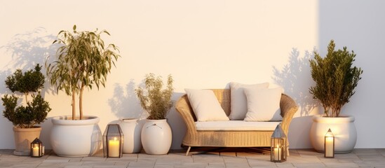 Wall Mural - Contemporary terrace decor with plants, table, pots, baskets, rug, and lights on a white wall on a summer evening.