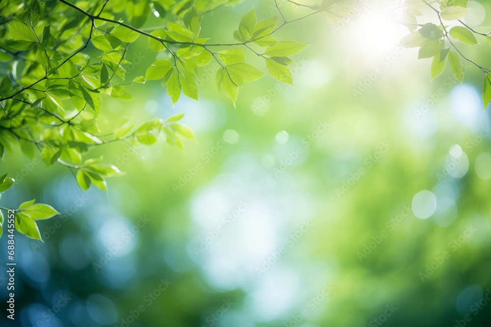 Blurred bokeh background of fresh green spring, summer foliage of tree leaves with blue sky and sun flare