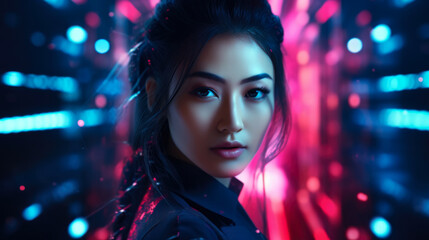 Wall Mural - Futuristic cyberpunk portrait of a young Asian woman